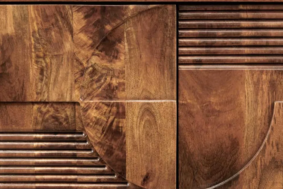 Massives TV-Board ART DECO 200cm braun Mangoholz Lowboard 3D-Front