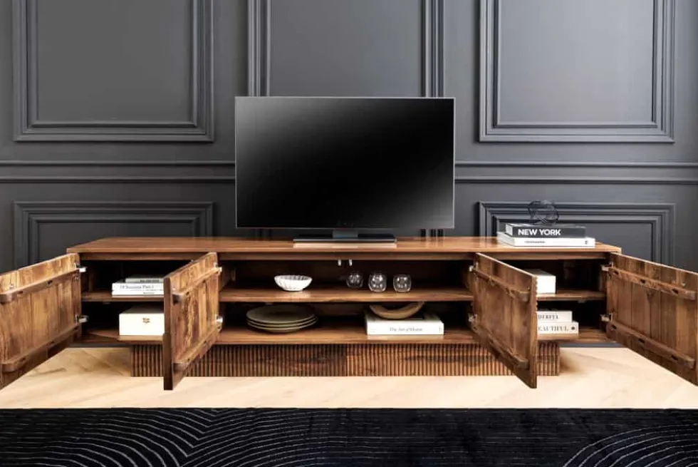 Massives TV-Board ART DECO 200cm braun Mangoholz Lowboard 3D-Front
