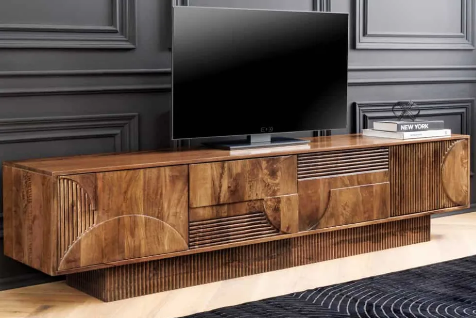 Massives TV-Board ART DECO 200cm braun Mangoholz Lowboard 3D-Front