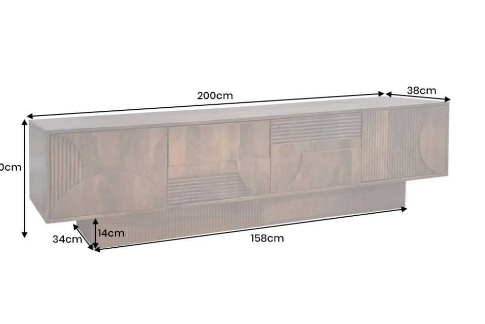 Massives TV-Board ART DECO 200cm braun Mangoholz Lowboard 3D-Front