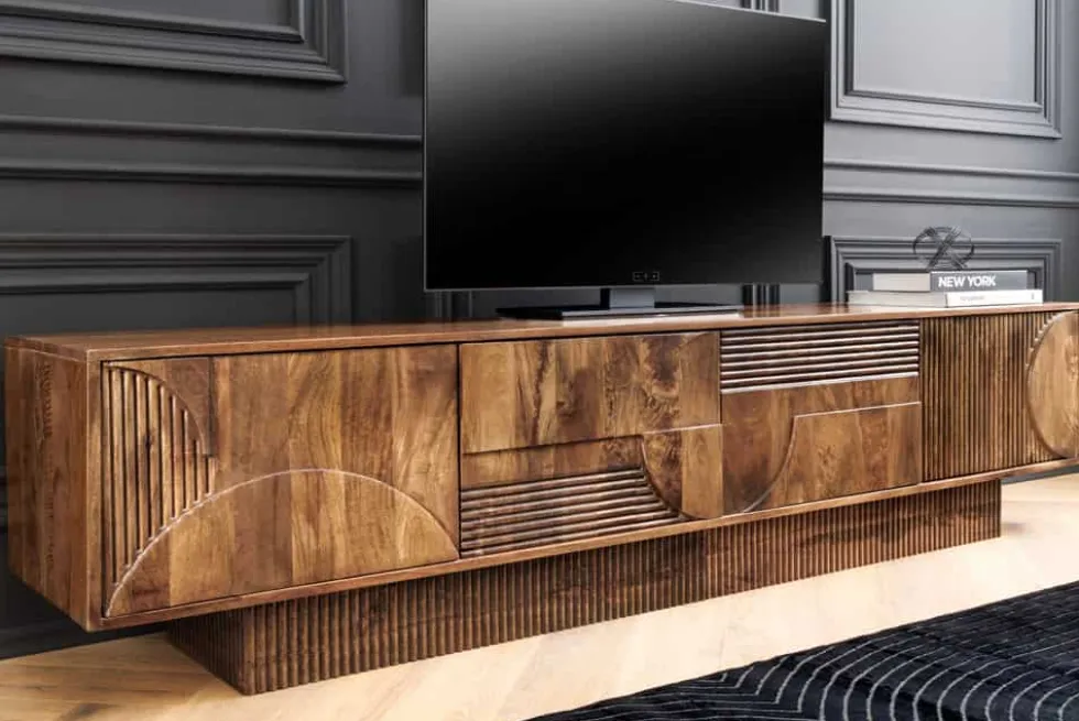 Massives TV-Board ART DECO 200cm braun Mangoholz Lowboard 3D-Front