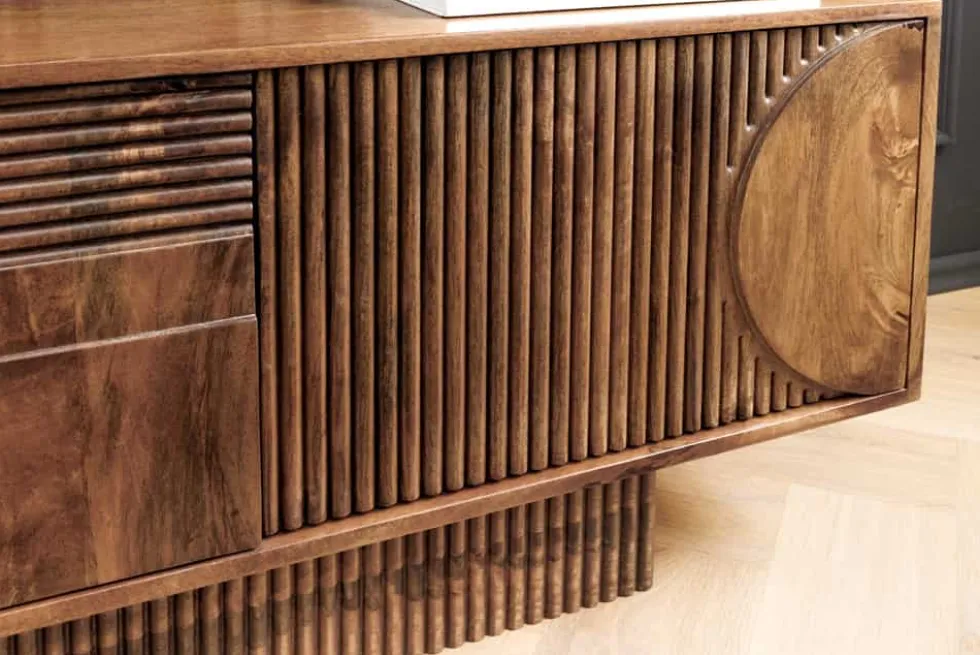 Massives TV-Board ART DECO 200cm braun Mangoholz Lowboard 3D-Front