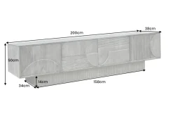 Massives TV-Board ART DECO 200cm grau Mangoholz Lowboard 3D-Front
