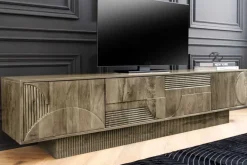 Massives TV-Board ART DECO 200cm grau Mangoholz Lowboard 3D-Front