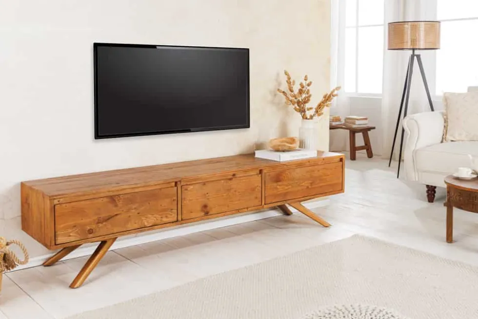 Massives TV-Board FINCA 180cm vintage braun recyceltes Pinienholz mit Schubladen