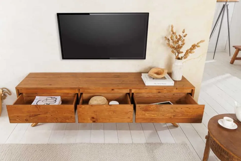 Massives TV-Board FINCA 180cm vintage braun recyceltes Pinienholz mit Schubladen