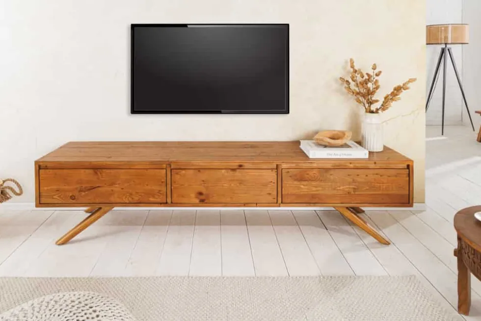 Massives TV-Board FINCA 180cm vintage braun recyceltes Pinienholz mit Schubladen