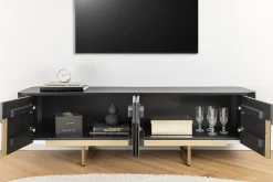 Massives TV-Board GATSBY 160cm schwarz gold Mangoholz Retro Lowboard