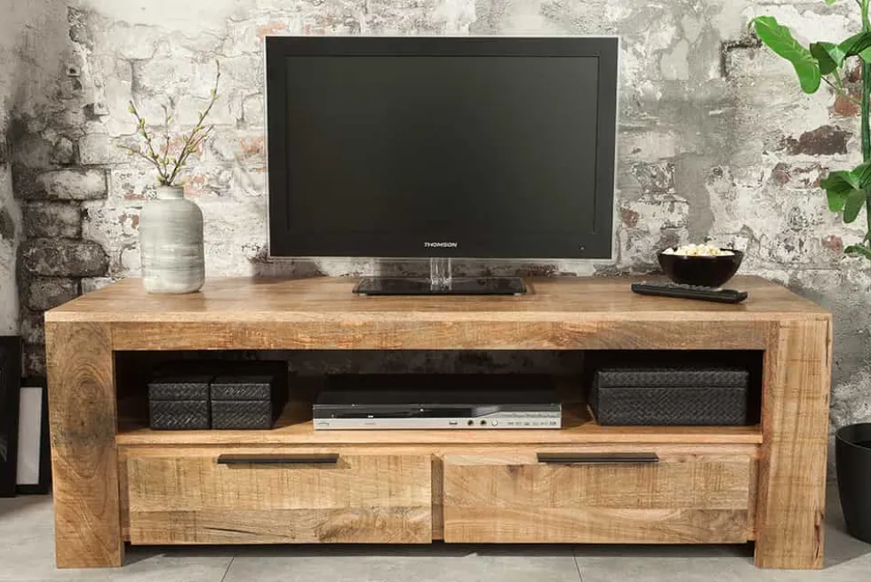 Massives TV-Board IRON CRAFT 130cm Mangoholz Lowboard 2 Schubladen