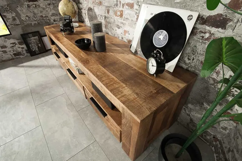 Massives TV-Board IRON CRAFT 170cm Mangoholz Lowboard 3 Schubladen