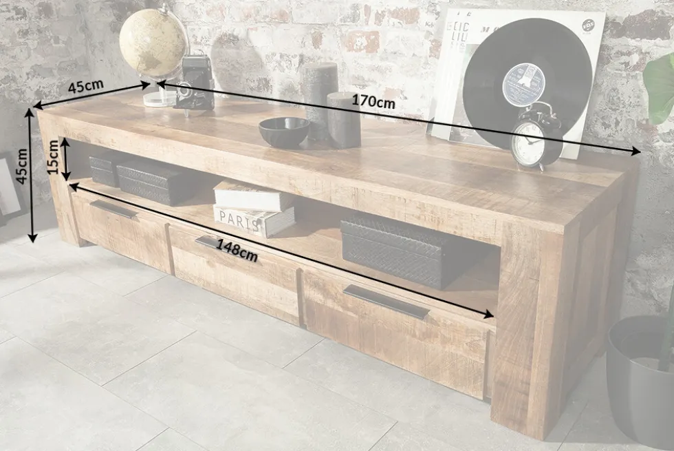 Massives TV-Board IRON CRAFT 170cm Mangoholz Lowboard 3 Schubladen