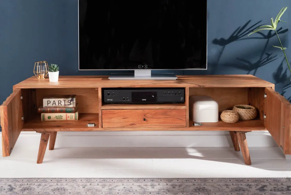 Massives TV-Board MYSTIC LIVING 140cm Akazie natur 3D Oberfläche Massivholz
