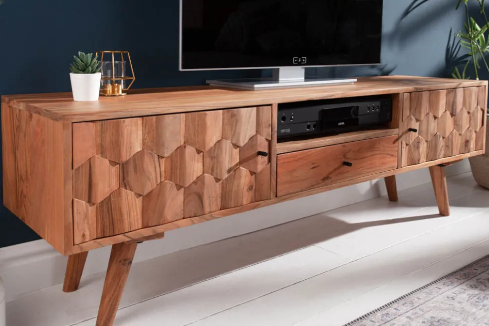 Massives TV-Board MYSTIC LIVING 140cm Akazie natur 3D Oberfläche Massivholz