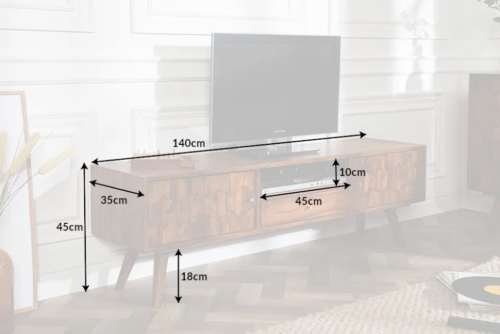 Massives TV-Board MYSTIC LIVING 140cm braun Sheesham Massivholz stone finish 3D -Front