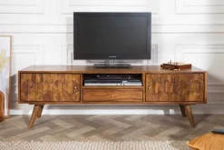 Massives TV-Board MYSTIC LIVING 140cm braun Sheesham Massivholz stone finish 3D -Front