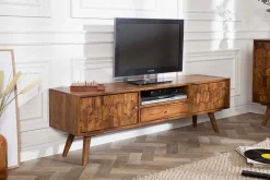 Massives TV-Board MYSTIC LIVING 140cm braun Sheesham Massivholz stone finish 3D -Front