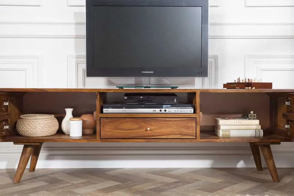 Massives TV-Board MYSTIC LIVING 140cm braun Sheesham Massivholz stone finish 3D -Front