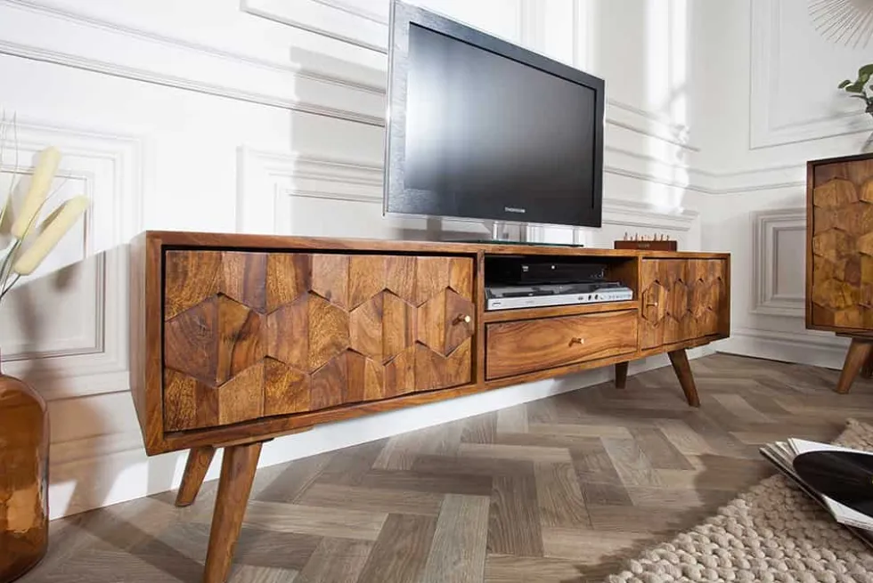 Massives TV-Board MYSTIC LIVING 140cm braun Sheesham Massivholz stone finish 3D -Front