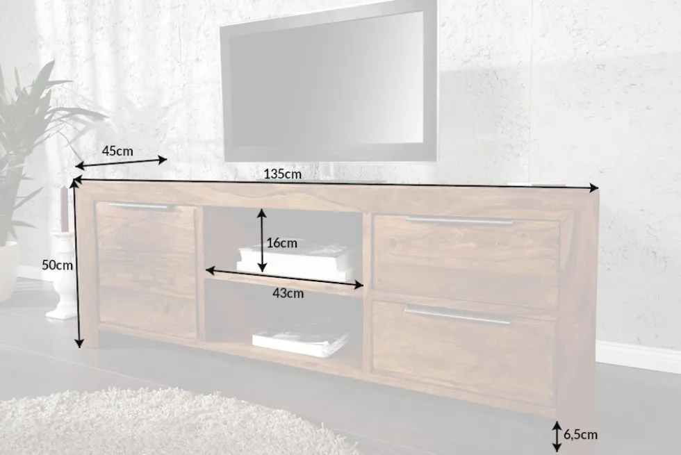 Massives TV-Board PURE 135cm braun Sheesham stone finish Lowboard Palisander