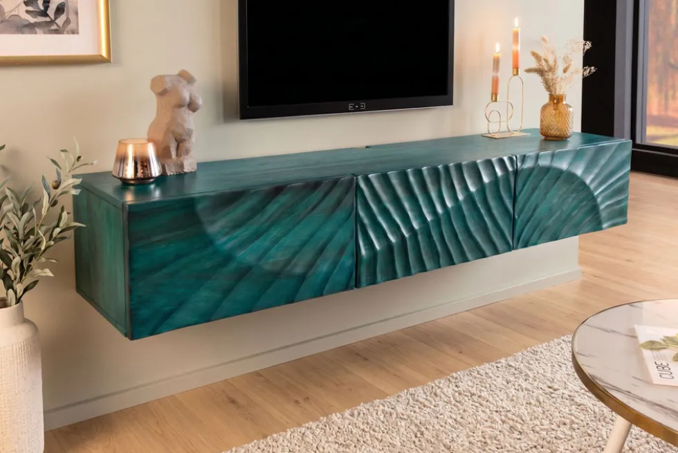 Massives TV-Board SCORPION 160cm türkis Mangoholz hängend Lowboard