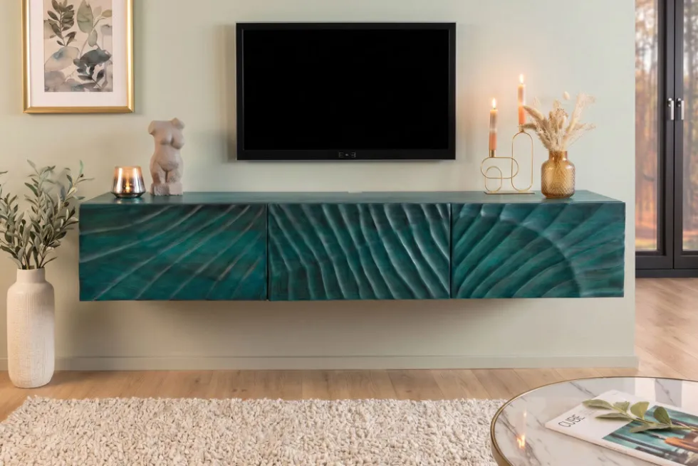Massives TV-Board SCORPION 160cm türkis Mangoholz hängend Lowboard