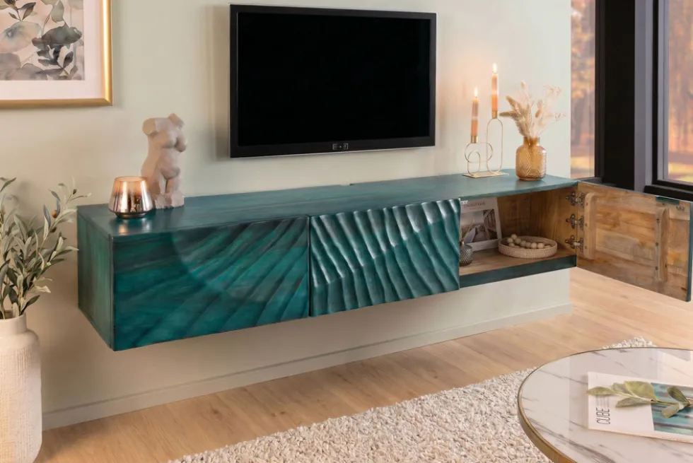 Massives TV-Board SCORPION 160cm türkis Mangoholz hängend Lowboard