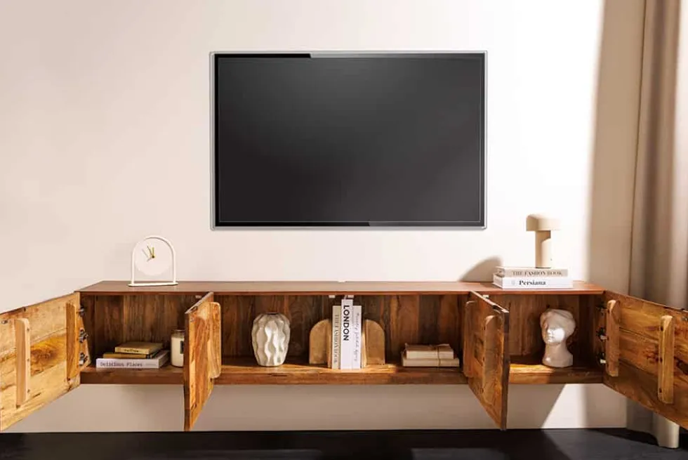 Massives TV-Board SCORPION 200cm braun Mangoholz hängend Lowboard