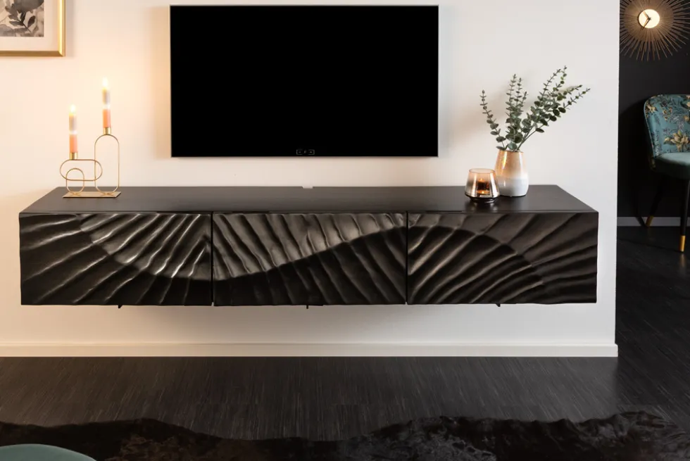 Massives TV-Board SCORPION 160cm schwarz Mangoholz hängend Lowboard