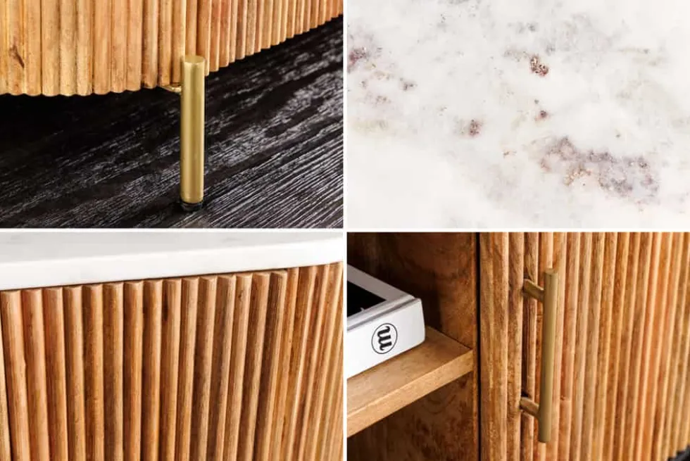 Massives TV-Board TRES CHIC 140cm natur Mangoholz weiß Marmor mit viel Stauraum