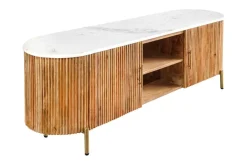 Massives TV-Board TRES CHIC 140cm natur Mangoholz weiß Marmor mit viel Stauraum