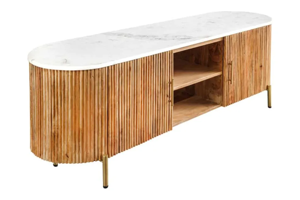 Massives TV-Board TRES CHIC 140cm natur Mangoholz weiß Marmor mit viel Stauraum