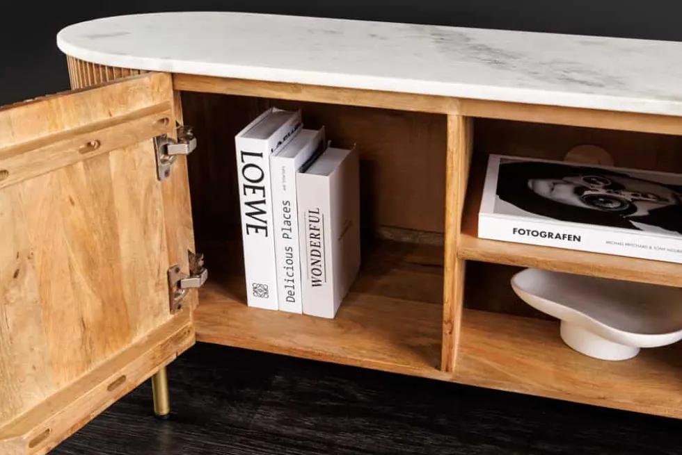 Massives TV-Board TRES CHIC 140cm natur Mangoholz weiß Marmor mit viel Stauraum