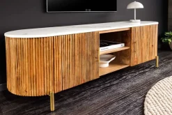Massives TV-Board TRES CHIC 140cm natur Mangoholz weiß Marmor mit viel Stauraum