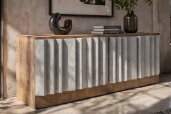 Massives TV-Board ZALVERO 150cm natur silber Mangoholz mit Metall-Aluminium Front
