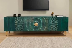 Massives TV-Lowboard GOLDEN SUNSET 180cm türkis 3D-Schnitzereien gold Mangoholz Metall