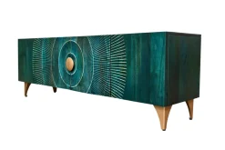 Massives TV-Lowboard GOLDEN SUNSET 180cm türkis 3D-Schnitzereien gold Mangoholz Metall