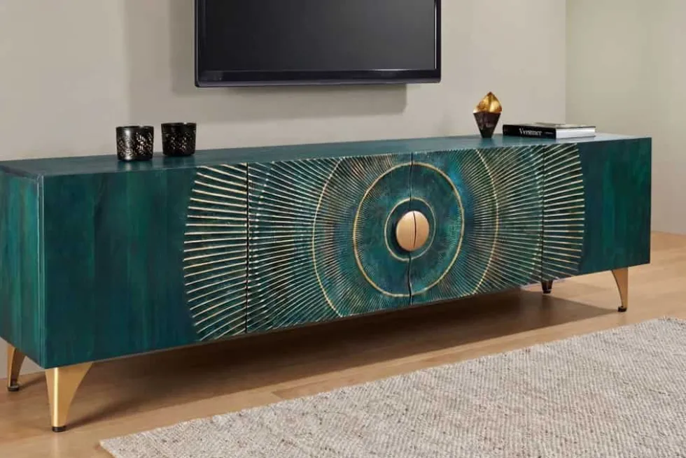Massives TV-Lowboard GOLDEN SUNSET 180cm türkis 3D-Schnitzereien gold Mangoholz Metall