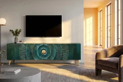 Massives TV-Lowboard GOLDEN SUNSET 180cm türkis 3D-Schnitzereien gold Mangoholz Metall