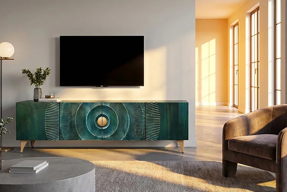 Massives TV-Lowboard GOLDEN SUNSET 180cm türkis 3D-Schnitzereien gold Mangoholz Metall