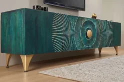 Massives TV-Lowboard GOLDEN SUNSET 180cm türkis 3D-Schnitzereien gold Mangoholz Metall