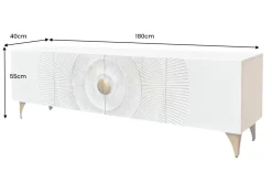Massives TV-Lowboard GOLDEN SUNSET 180cm weiß gold Mangoholz 3D Schnitzereien Metallfüße