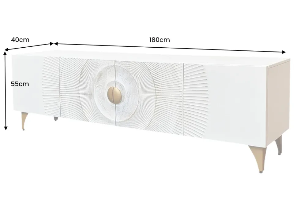 Massives TV-Lowboard GOLDEN SUNSET 180cm weiß gold Mangoholz 3D Schnitzereien Metallfüße