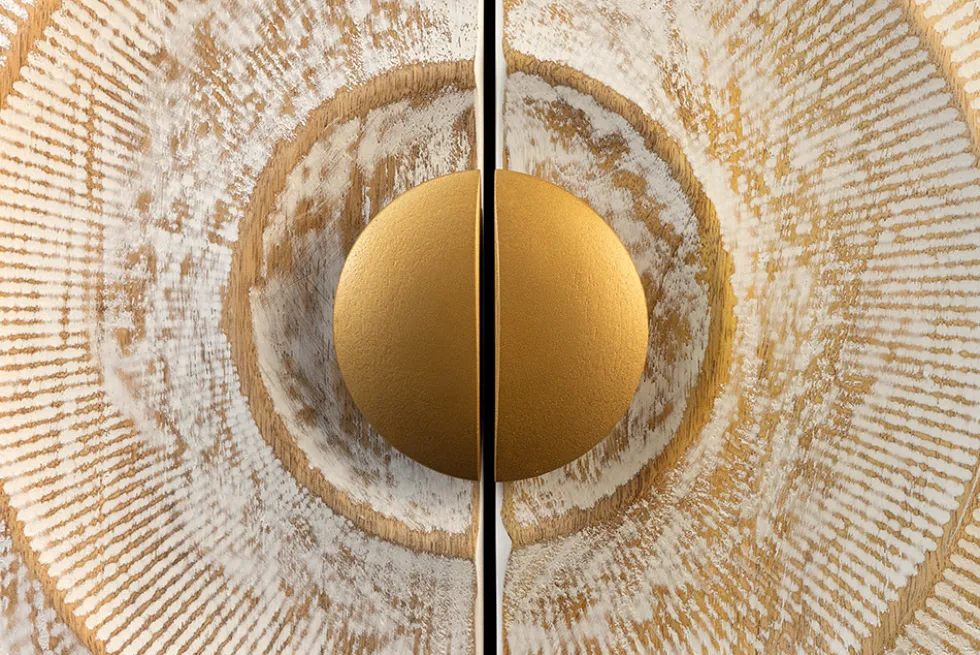 Massives TV-Lowboard GOLDEN SUNSET 180cm weiß gold Mangoholz 3D Schnitzereien Metallfüße