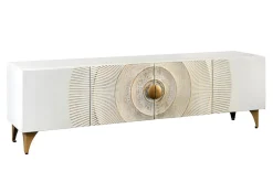 Massives TV-Lowboard GOLDEN SUNSET 180cm weiß gold Mangoholz 3D Schnitzereien Metallfüße