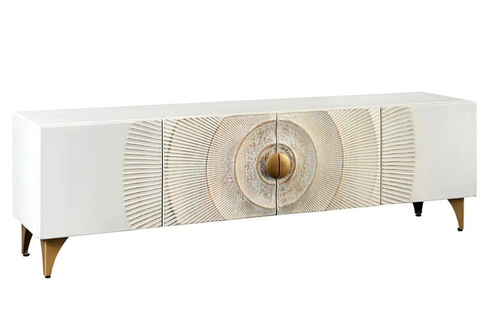 Massives TV-Lowboard GOLDEN SUNSET 180cm weiß gold Mangoholz 3D Schnitzereien Metallfüße