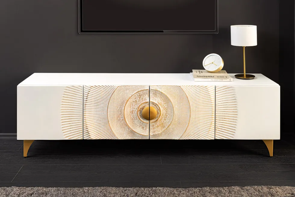 Massives TV-Lowboard GOLDEN SUNSET 180cm weiß gold Mangoholz 3D Schnitzereien Metallfüße