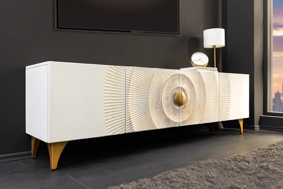 Massives TV-Lowboard GOLDEN SUNSET 180cm weiß gold Mangoholz 3D Schnitzereien Metallfüße