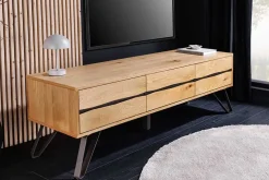 Massives TV-Lowboard LIVING EDGE 160cm natur Eichenholz Baumkante mit Hairpin Legs