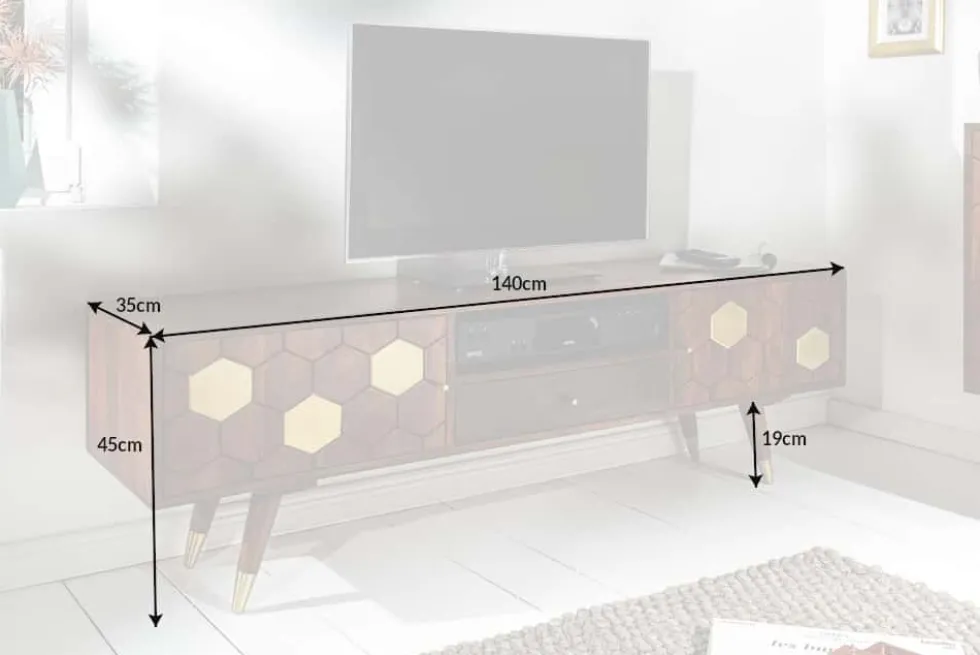 Massives TV-Lowboard MYSTIC LIVING 140cm Akazie braun gold Retro Design
