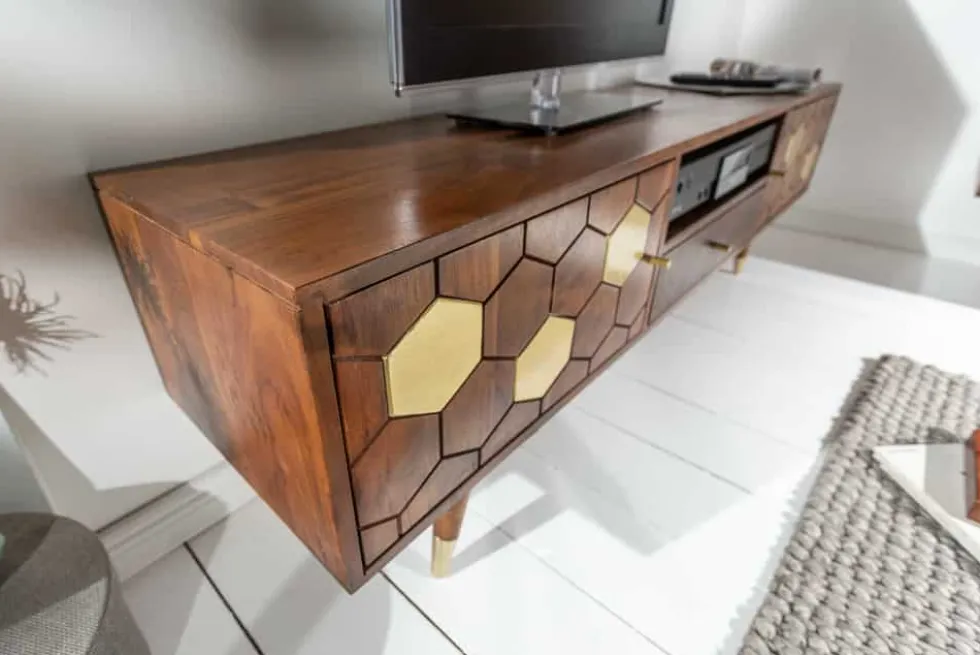 Massives TV-Lowboard MYSTIC LIVING 140cm Akazie braun gold Retro Design